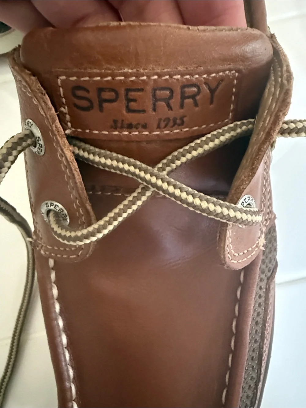 Sperry Men’s Leather Top-Sider Boat Shoes Dark Brown with Gray and Beige